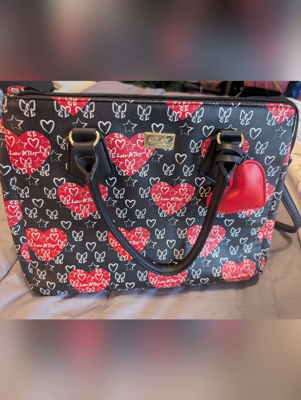 Betsey Johnson Black Tote with Red Heart Print and Gold Plaque